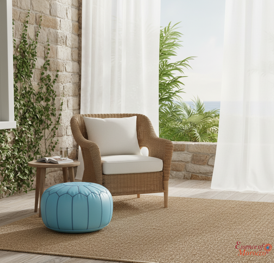 Moroccan Pouffe Pouf Ottoman Footstool Real Light Baby Blue Leather