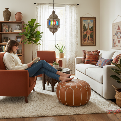 Moroccan Pouffe Pouf Ottoman Footstool Natural Tan Leather Embroidered COVER ONLY or STUFFED
