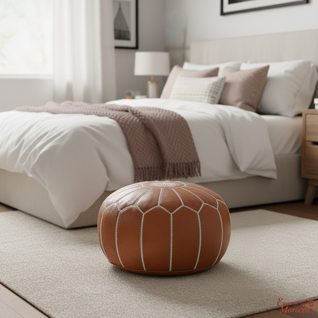 Moroccan Pouffe Pouf Ottoman Footstool Natural Tan Leather Embroidered COVER ONLY or STUFFED