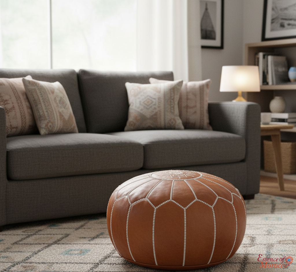 Moroccan Pouffe Pouf Ottoman Footstool Natural Tan Leather Embroidered COVER ONLY or STUFFED