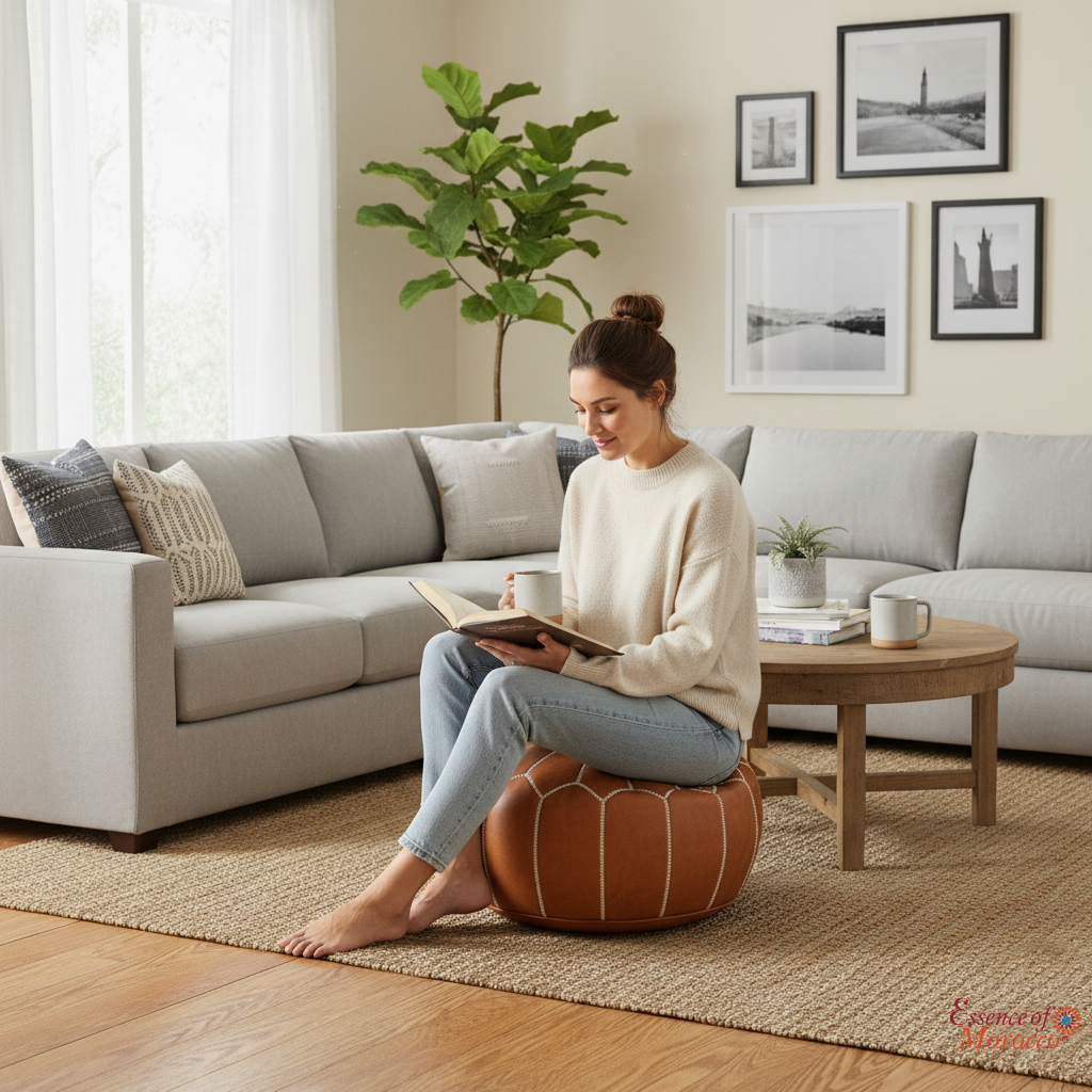 Moroccan Pouffe Pouf Ottoman Footstool Natural Tan Leather Embroidered COVER ONLY or STUFFED