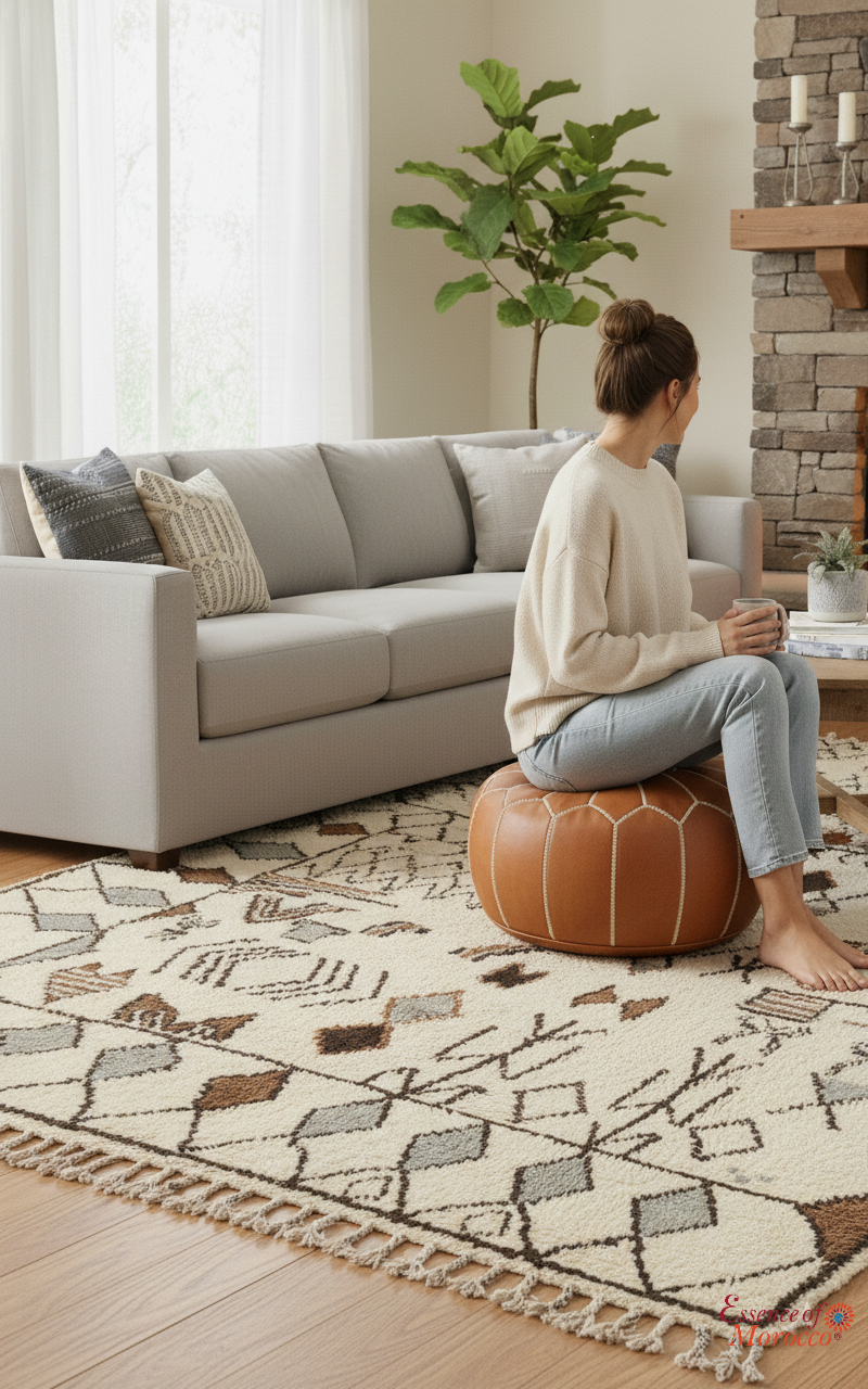 Moroccan Pouffe Pouf Ottoman Footstool Natural Tan Leather Embroidered COVER ONLY or STUFFED