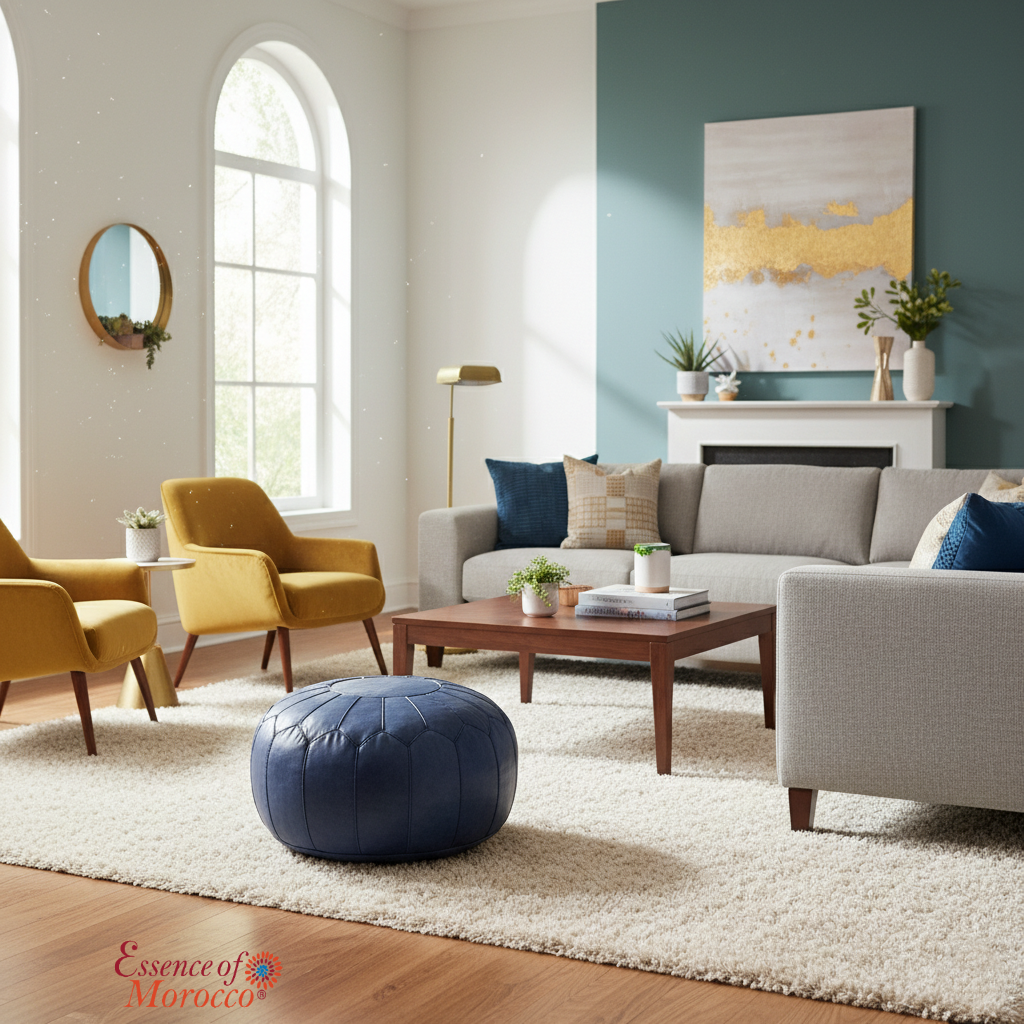 STUFFED Moroccan Pouffe Pouf Ottoman Footstool in Vintage Blue Tan Leather Handmade