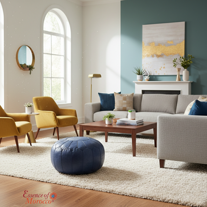 STUFFED Moroccan Pouffe Pouf Ottoman Footstool in Vintage Blue Tan Leather Handmade