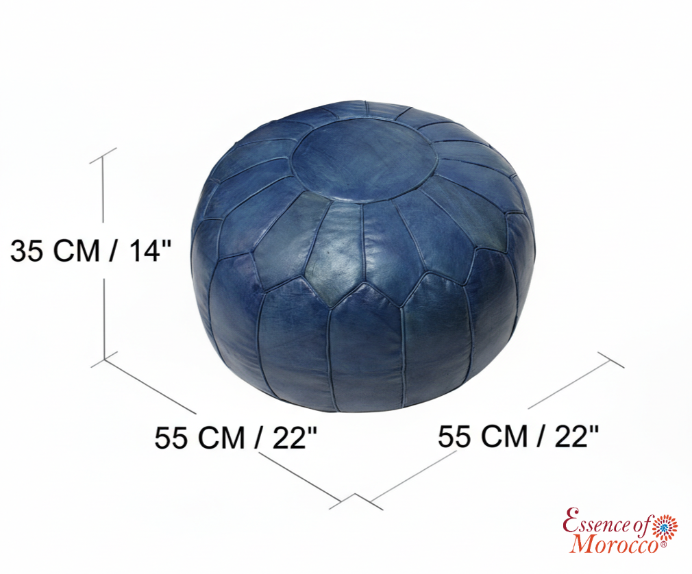 STUFFED Moroccan Pouffe Pouf Ottoman Footstool in Vintage Blue Tan Leather Handmade