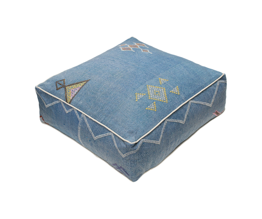Moroccan Sabra Silk Pouf Pouffe Floor Cushion Pillow Cover Blue Handmade (SP11)