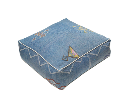 Moroccan Sabra Silk Pouf Pouffe Floor Cushion Pillow Cover Blue Handmade (SP11)