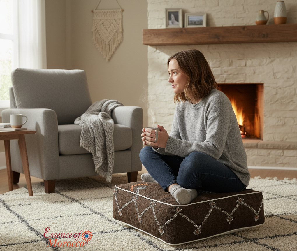 Moroccan Sabra Silk Pouf Pouffe Floor Cushion Pillow Cover Brown Handmade (SP2)