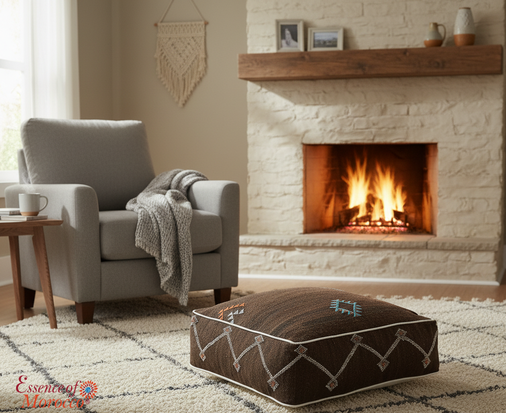 Moroccan Sabra Silk Pouf Pouffe Floor Cushion Pillow Cover Brown Handmade (SP2)