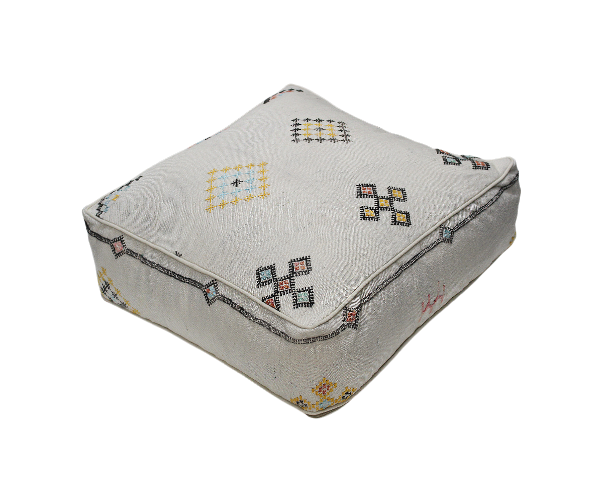 Moroccan Sabra Silk Pouf Pouffe Floor Cushion Pillow Cover Off-White Handmade (SP6)