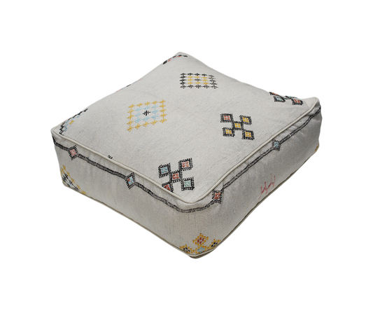 Moroccan Sabra Silk Pouf Pouffe Floor Cushion Pillow Cover Off-White Handmade (SP6)