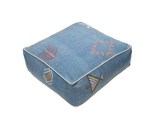 Moroccan Sabra Silk Pouf Pouffe Floor Cushion Pillow Cover Blue Handmade (SP8)