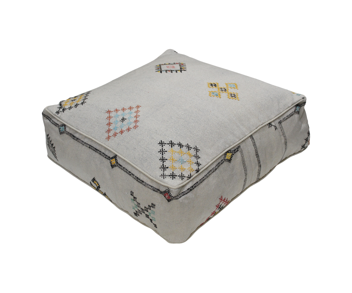 Moroccan Sabra Silk Pouf Pouffe Floor Cushion Pillow Cover Off-White Handmade (SP9)