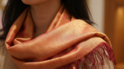 Sabra Silk Scarf – Handwoven Moroccan Shawl with Fringe – Lightweight Luxury Wrap – Coral Gold – 180x60 cm