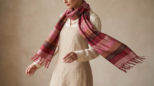 Sabra Silk Scarf – Handwoven Moroccan Shawl with Fringe – Lightweight Luxury Wrap – Multicolour Striped – 180x60 cm