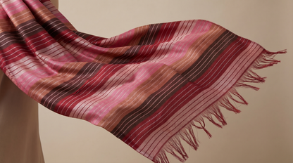Sabra Silk Scarf – Handwoven Moroccan Shawl with Fringe – Lightweight Luxury Wrap – Multicolour Striped – 180x60 cm