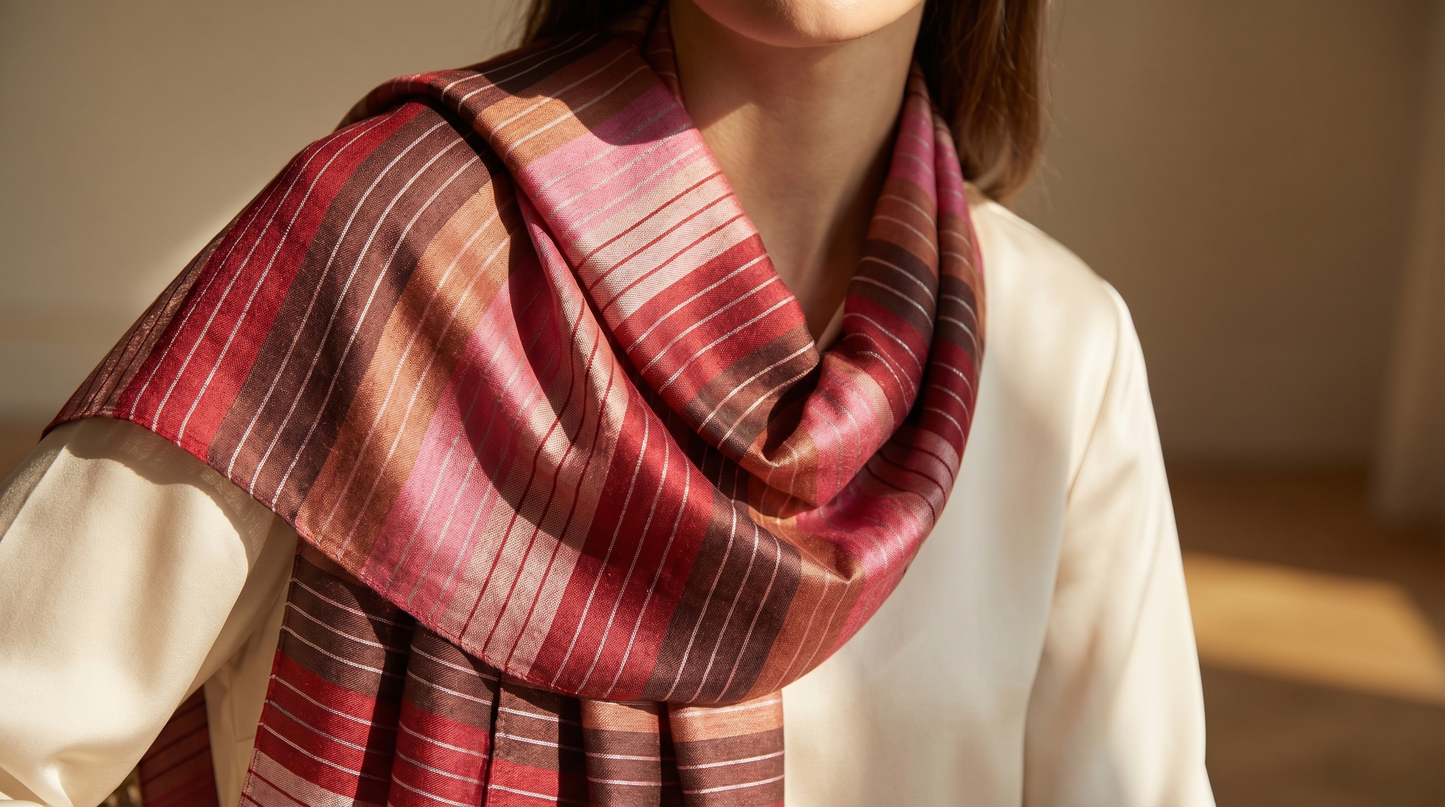 Sabra Silk Scarf – Handwoven Moroccan Shawl with Fringe – Lightweight Luxury Wrap – Multicolour Striped – 180x60 cm