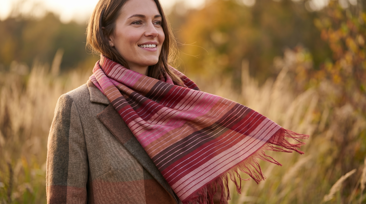 Sabra Silk Scarf – Handwoven Moroccan Shawl with Fringe – Lightweight Luxury Wrap – Multicolour Striped – 180x60 cm