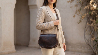 Dark Brown Leather Saddle Bag | Handmade Moroccan Crossbody Bag | Adjustable Strap | Vintage Style Cowhide (Copy)