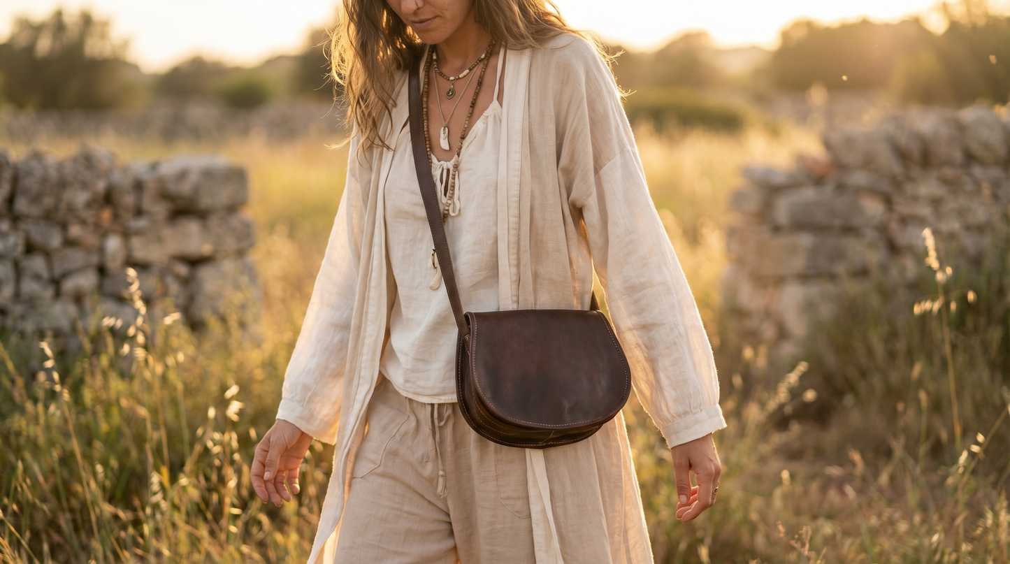 Dark Brown Leather Saddle Bag | Handmade Moroccan Crossbody Bag | Adjustable Strap | Vintage Style Cowhide (Copy)
