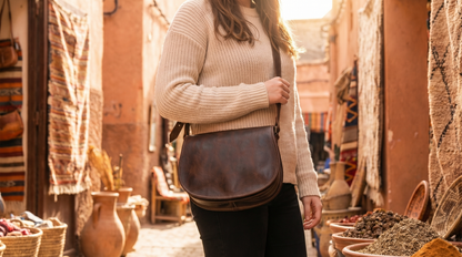 Dark Brown Leather Saddle Bag | Handmade Moroccan Crossbody Bag | Adjustable Strap | Vintage Style Cowhide (Copy)