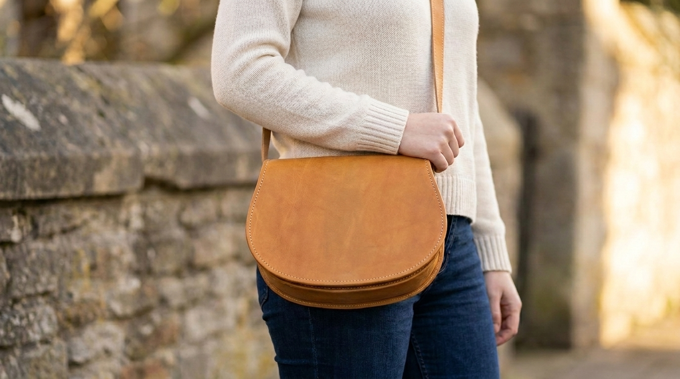 Natural Tan Leather Saddle Bag | Handmade Moroccan Crossbody Bag | Adjustable Strap | Vintage Style Cowhide