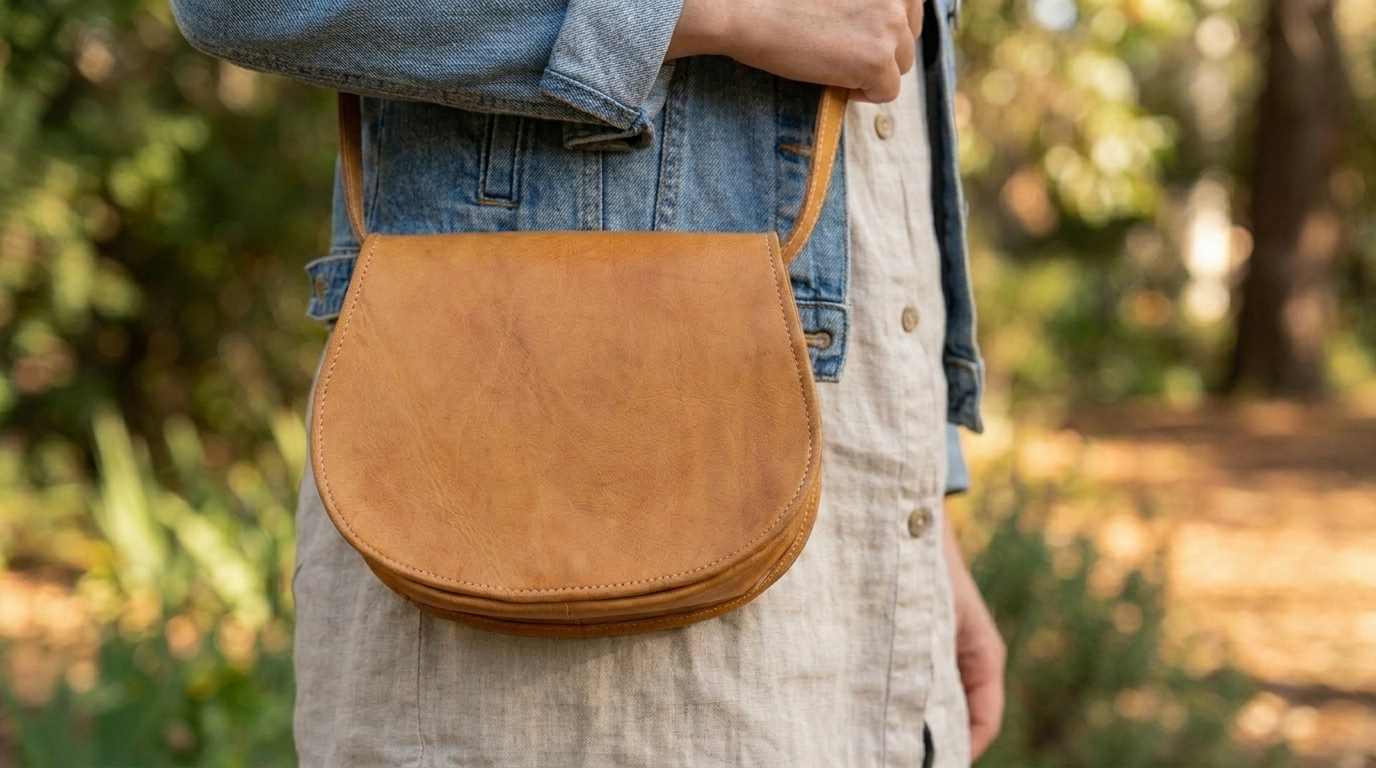 Natural Tan Leather Saddle Bag | Handmade Moroccan Crossbody Bag | Adjustable Strap | Vintage Style Cowhide