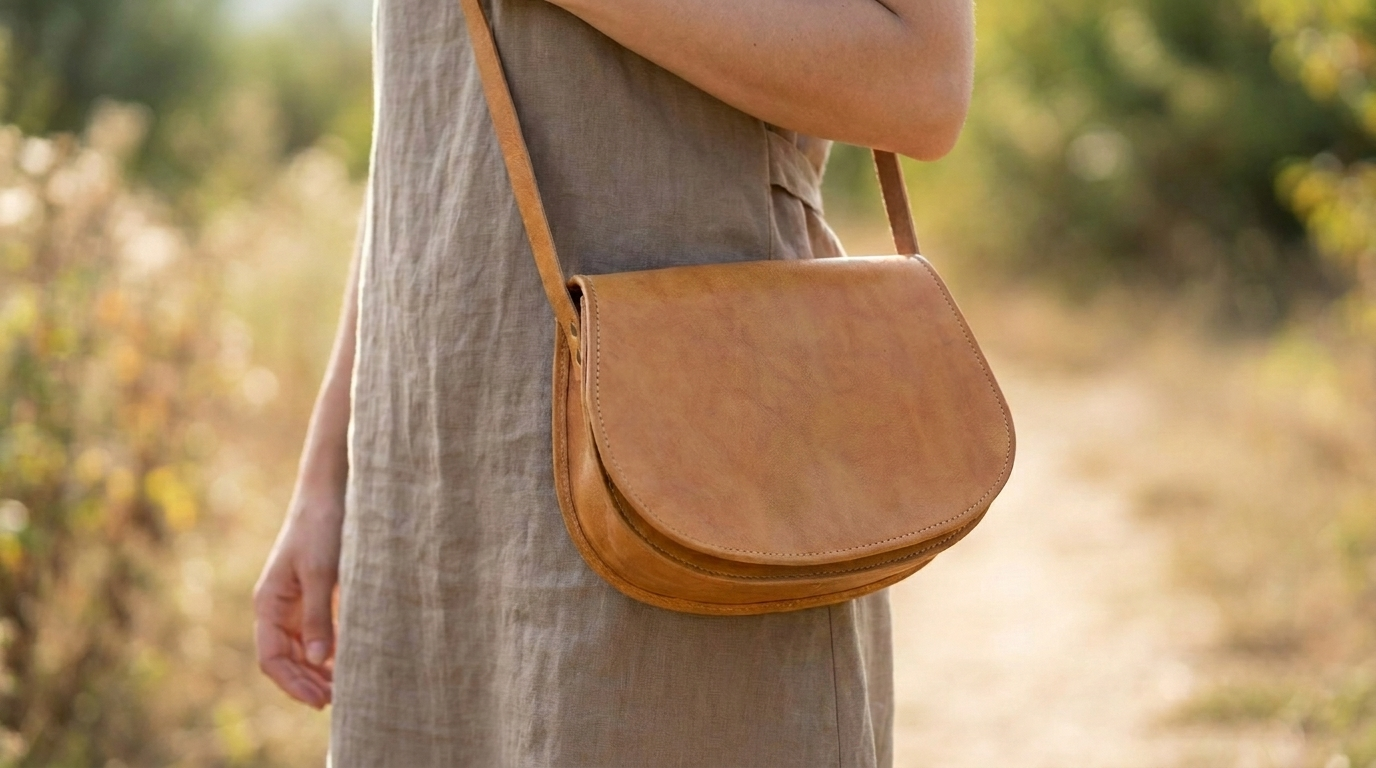 Natural Tan Leather Saddle Bag | Handmade Moroccan Crossbody Bag | Adjustable Strap | Vintage Style Cowhide