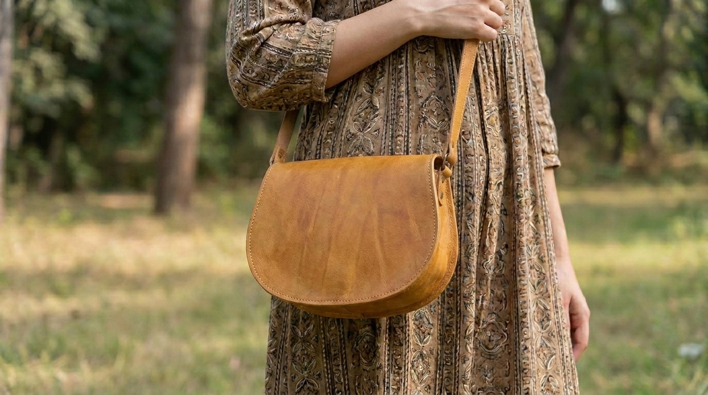 Natural Tan Leather Saddle Bag | Handmade Moroccan Crossbody Bag | Adjustable Strap | Vintage Style Cowhide