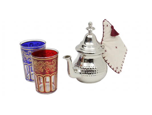 Moroccan Silver Teapot Hammered Small with 2 Tea Glasses and Handle Cover Handmade