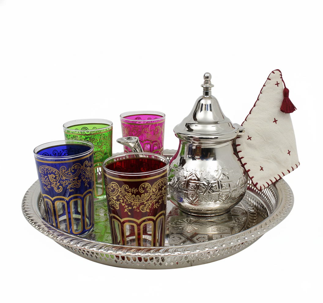 Moroccan Mint Tea Set Medium: Silver Tray, Teapot , 4 Multicoloured Tea Glasses