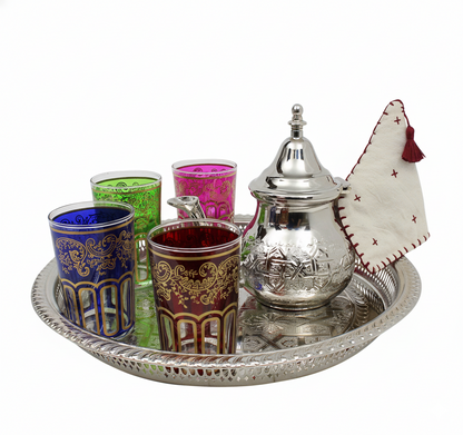 Moroccan Mint Tea Set Medium: Silver Tray, Teapot , 4 Multicoloured Tea Glasses
