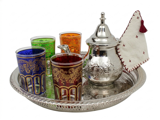 Moroccan Mint Tea Set Medium: Silver Tray, Teapot , 4 Multicoloured Tea Glasses