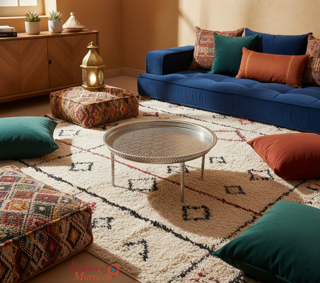Large Moroccan Serving Tray Low Table with Removable Legs – Silver Maillechort, 50 cm