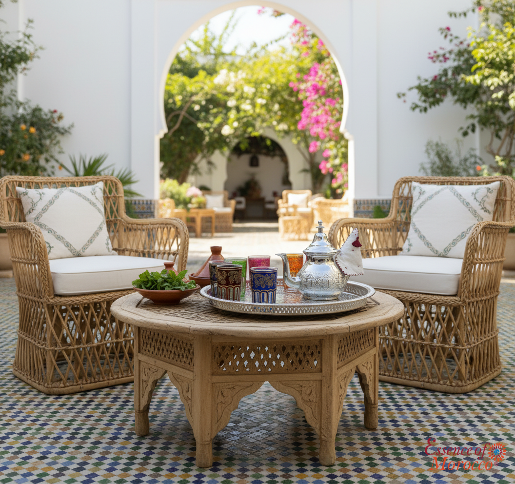 Large Moroccan Serving Tray Low Table with Removable Legs – Silver Maillechort, 50 cm
