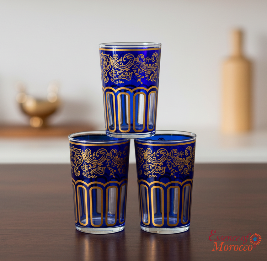 Moroccan Tea Glasses Blue & Gold Beautiful Classical Design Hand Painted Decorated Pack of 6