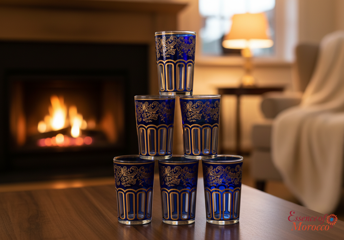 Moroccan Tea Glasses Blue & Gold Beautiful Classical Design Hand Painted Decorated Pack of 6