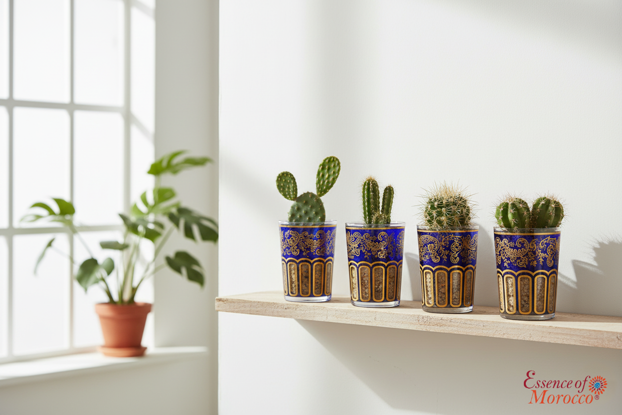 Moroccan Tea Glasses Blue & Gold Beautiful Classical Design Hand Painted Decorated Pack of 6