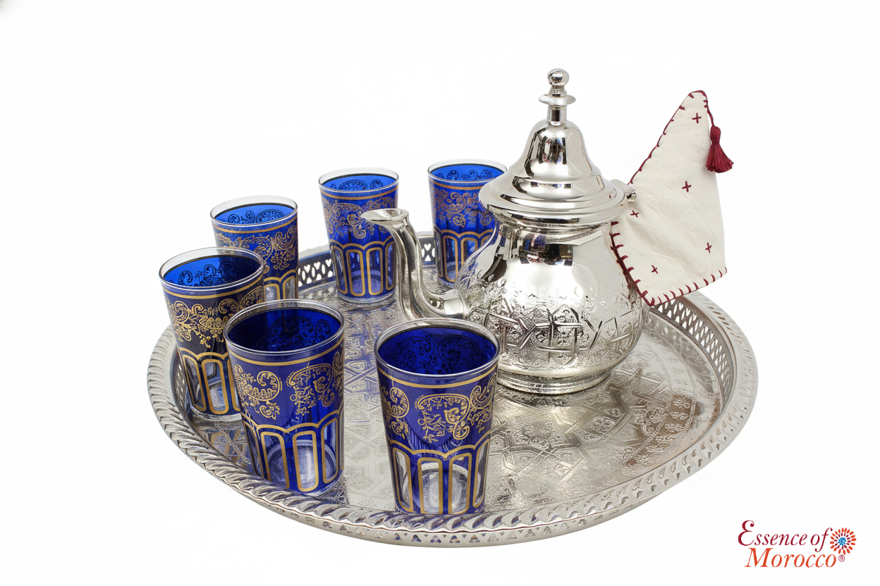 Moroccan Tea Glasses Blue & Gold Beautiful Classical Design Hand Painted Decorated Pack of 6