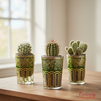 Moroccan Tea Glasses Green & Gold Beautiful Classical Design Hand Painted Hand Decorated (Pack of 6)