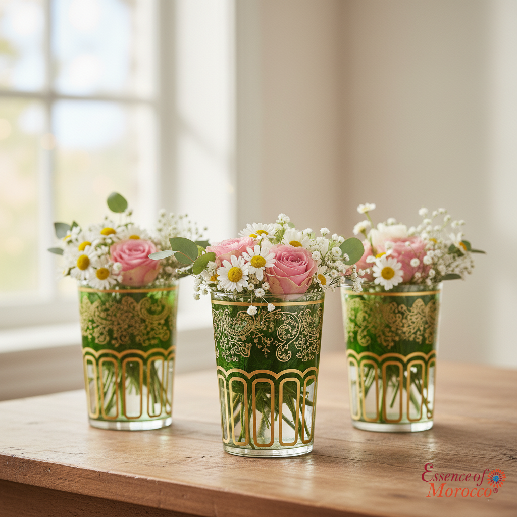 Moroccan Tea Glasses Green & Gold Beautiful Classical Design Hand Painted Hand Decorated (Pack of 6)