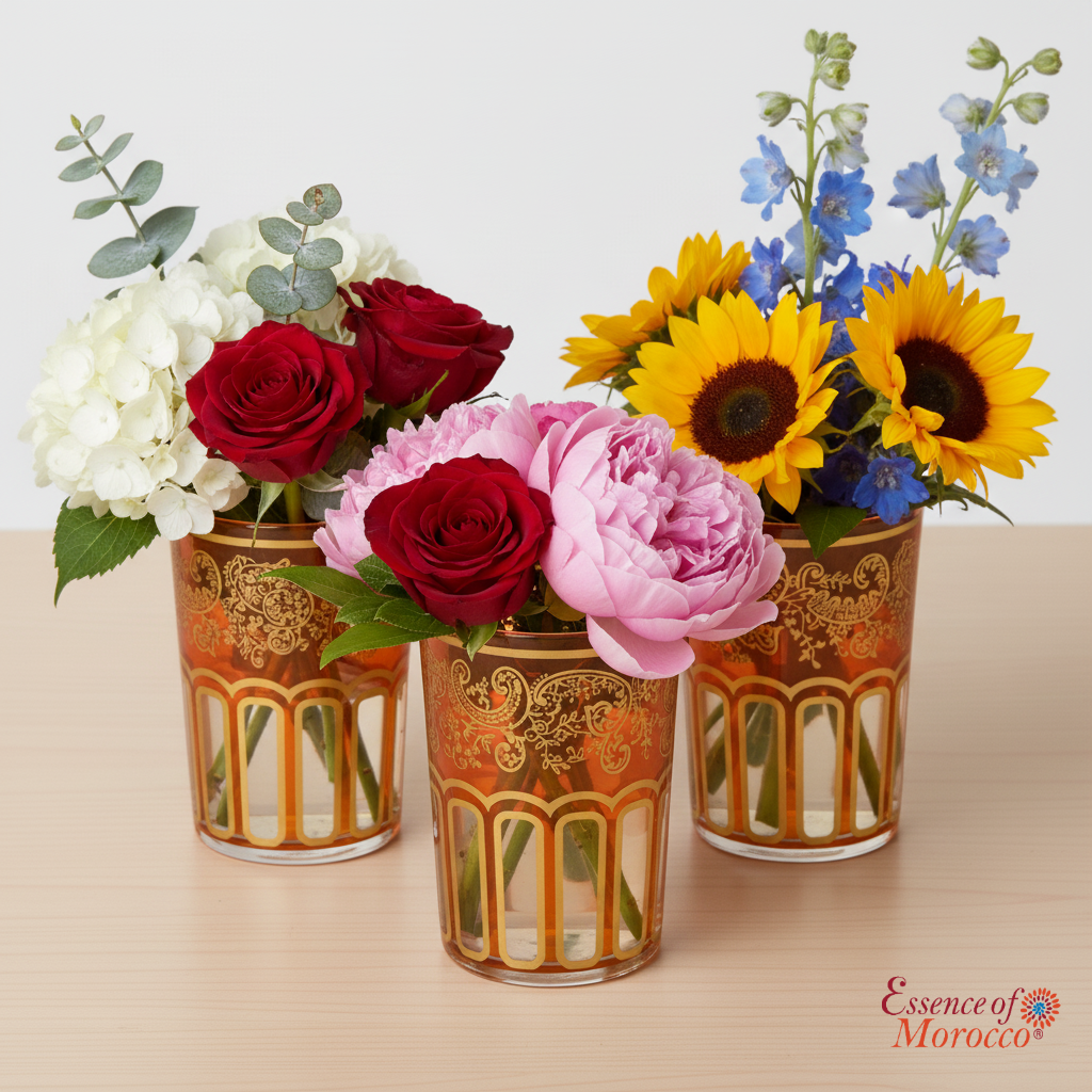 Moroccan Tea Glasses Orange & Gold Beautiful Classical Design Hand Painted Hand Decorated Pack of 6