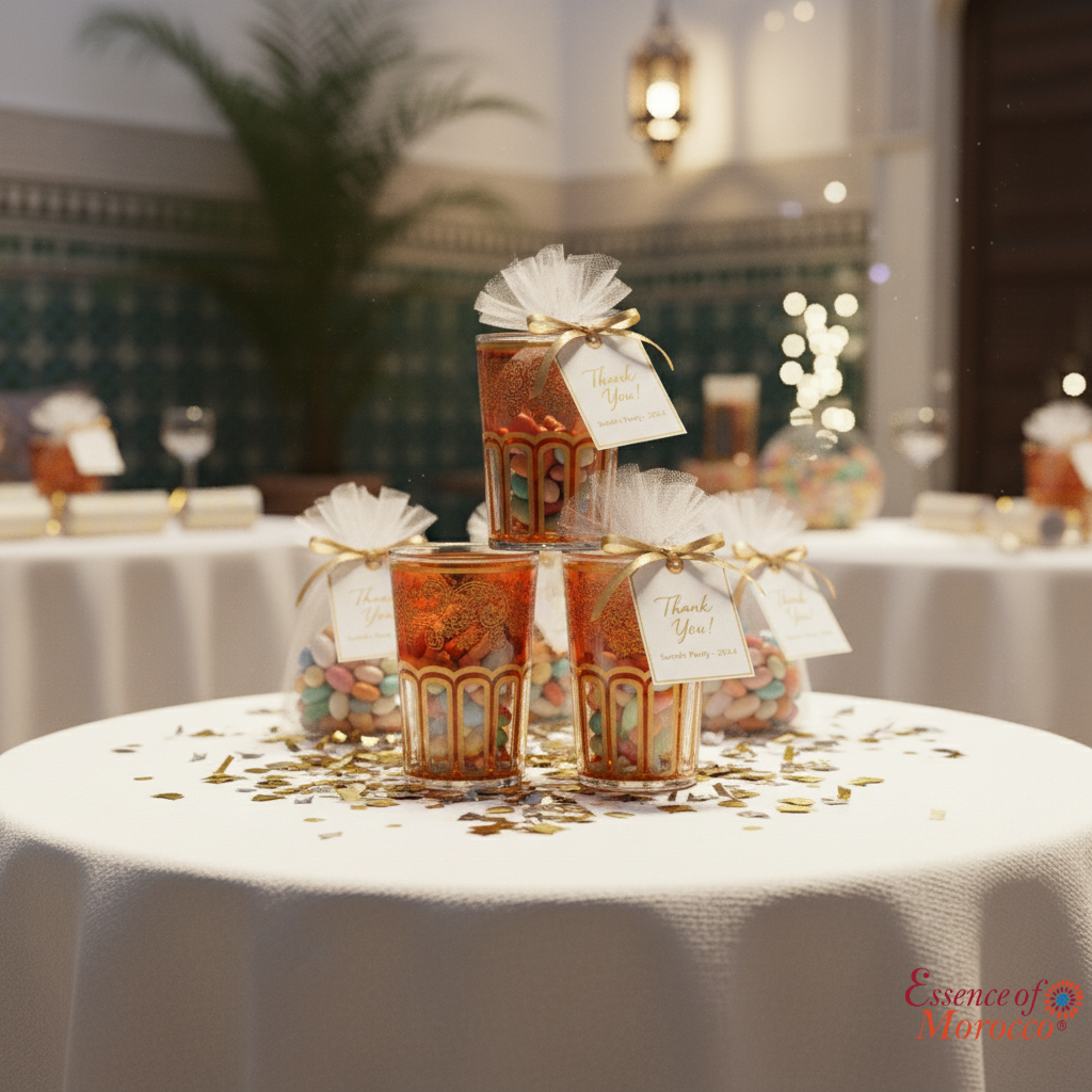 Moroccan Tea Glasses Orange & Gold Beautiful Classical Design Hand Painted Hand Decorated Pack of 6