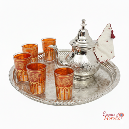 Moroccan Tea Glasses Orange & Gold Beautiful Classical Design Hand Painted Hand Decorated Pack of 6