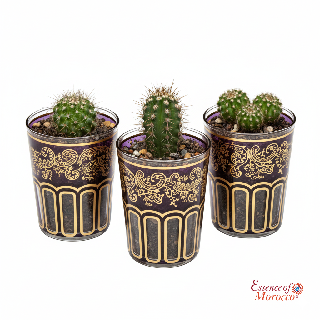 Moroccan Tea Glasses Purple & Gold Beautiful Classical Design Hand Painted Decorated (Pack of 6)
