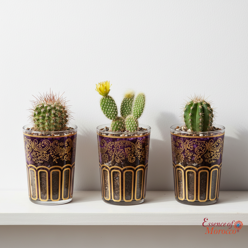 Moroccan Tea Glasses Purple & Gold Beautiful Classical Design Hand Painted Decorated (Pack of 6)