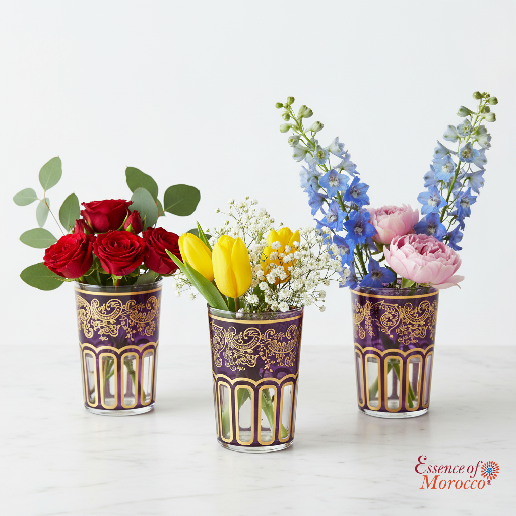 Moroccan Tea Glasses Purple & Gold Beautiful Classical Design Hand Painted Decorated (Pack of 6)