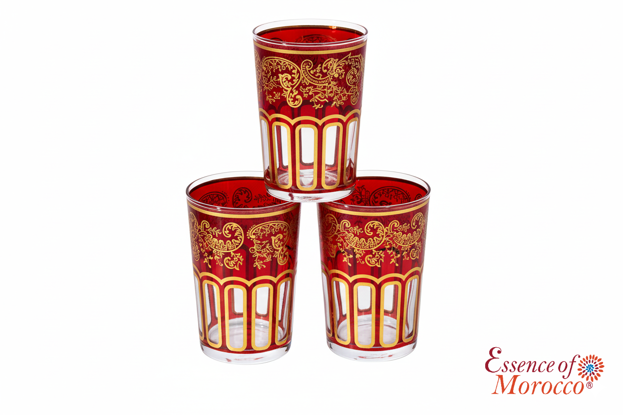 Moroccan Tea Glasses Red & Gold Beautiful Classical Design Hand Painted Hand Decorated (Pack of 6)