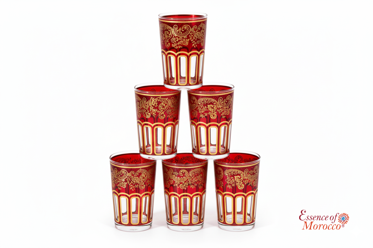 Moroccan Tea Glasses Red & Gold Beautiful Classical Design Hand Painted Hand Decorated (Pack of 6)