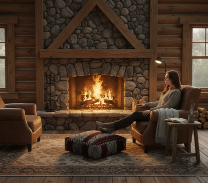 view of vintage Moroccan kilim pouf deep red tribal used footrest in log cabin living room